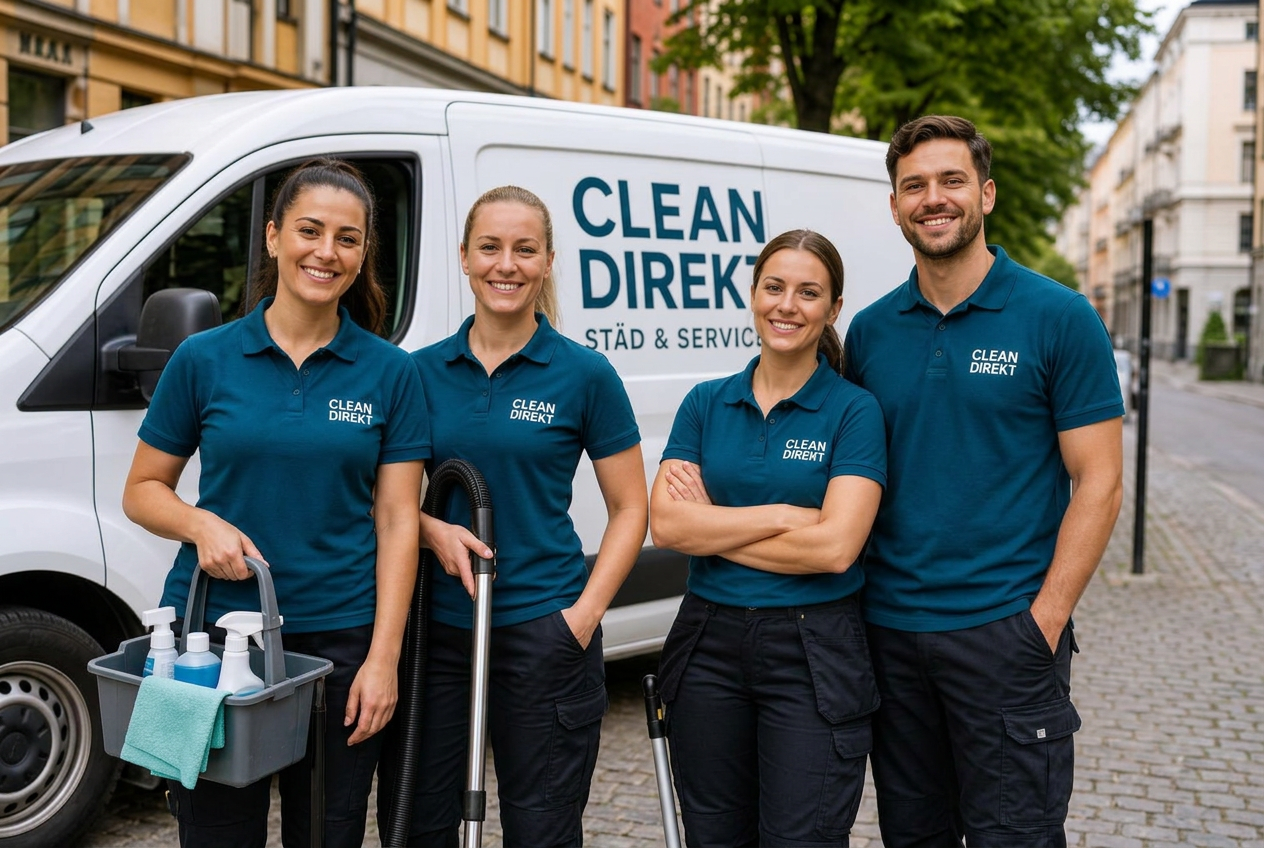 Städteamet från Clean Direkt i arbetskläder med Clean Direkt-logotyp framför servicebilen i Norrköping